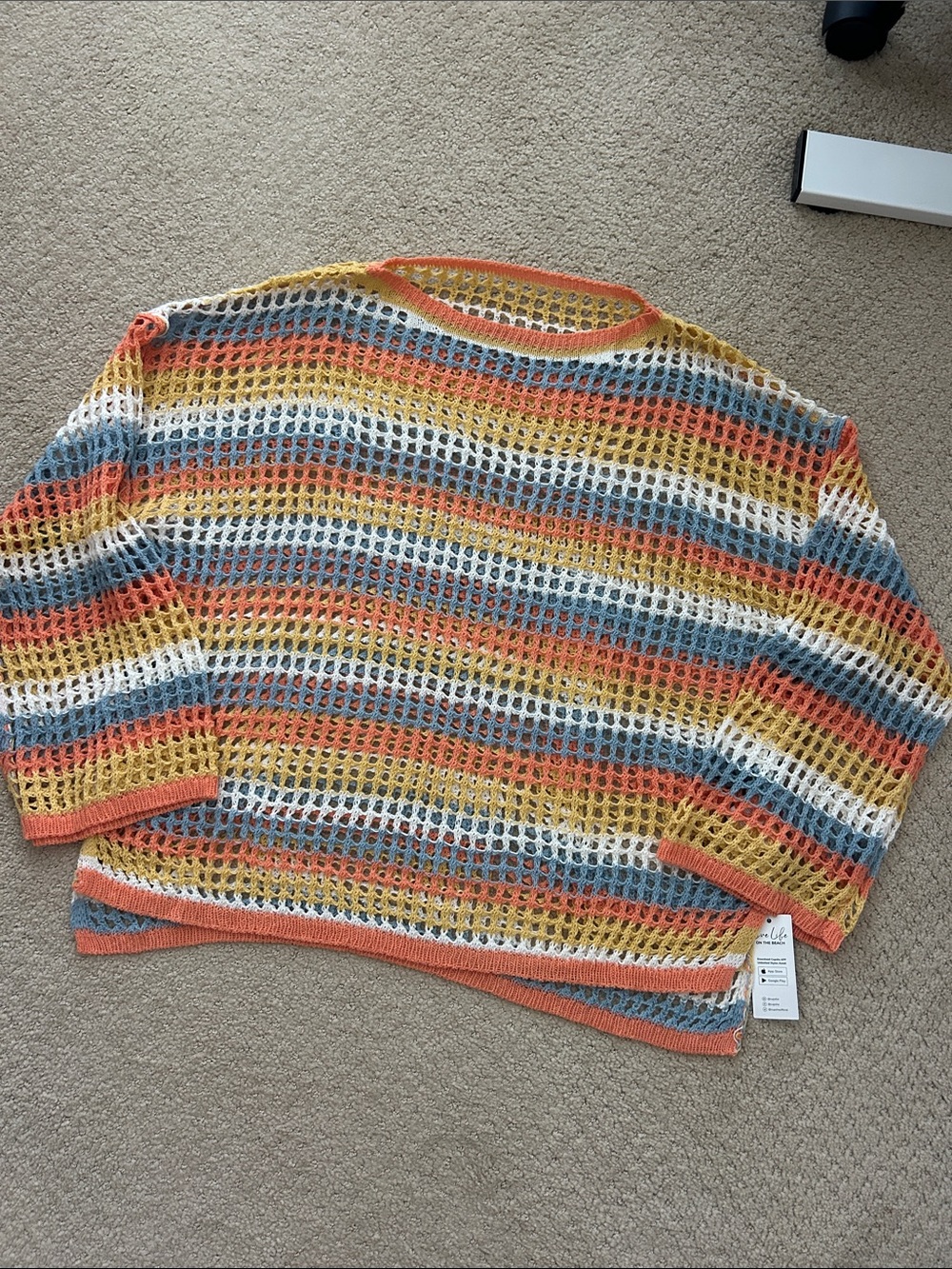 Open-Weave Striped Knit Sweater in Coral, Yellow, Blue, White